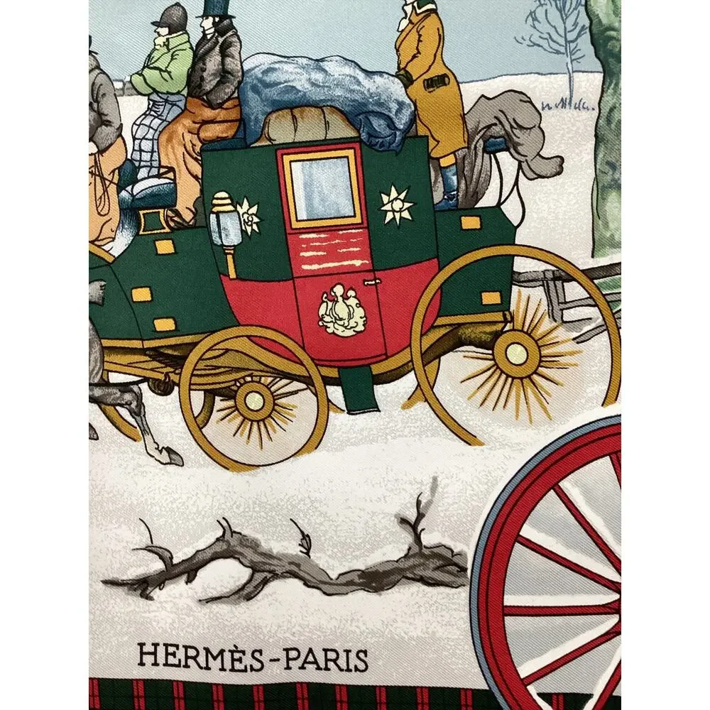 Hermes Scarf Women’s One Size Big Square Coach &Horses &Winer Motif Red &Colors - Picture 6 of 6